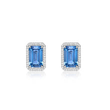Load image into Gallery viewer, Emerald Cut Aquamarine Diamond Halo Earrings
