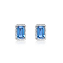 Load image into Gallery viewer, Emerald Cut Aquamarine Diamond Halo Earrings