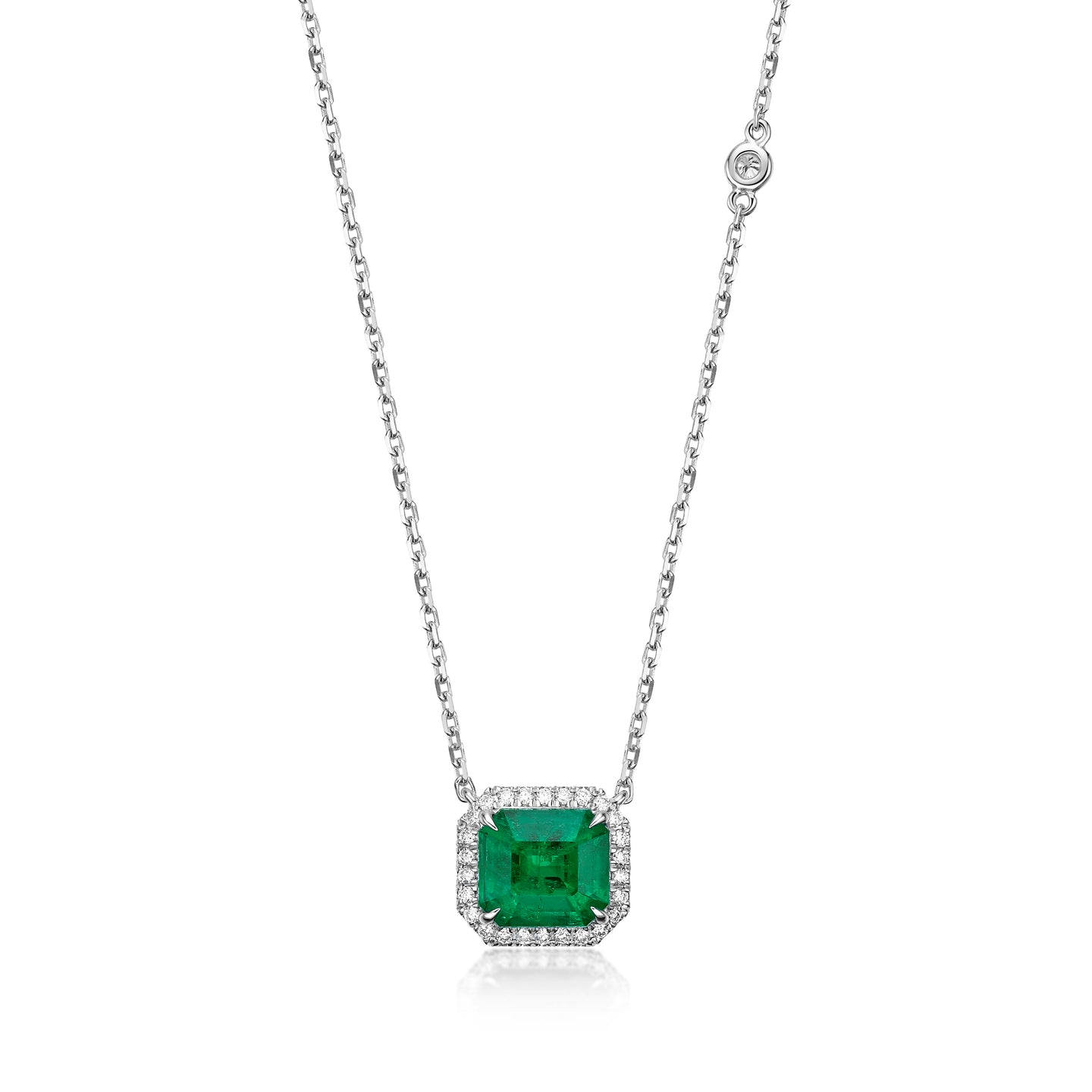 Emerald Colorless Diamond Halo Necklace