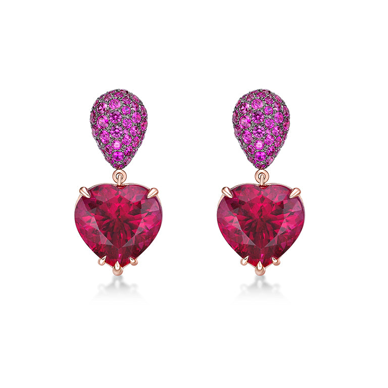 Heart Shape Rubellite and Pink Sapphire Earrings